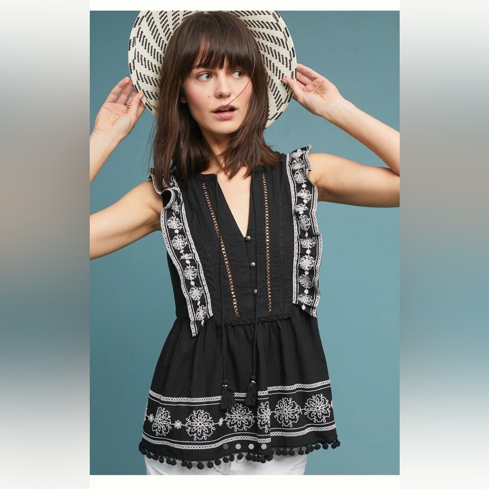Anthropologie Black Lace Pom Pom Detail Adelina Embroidered Blouse